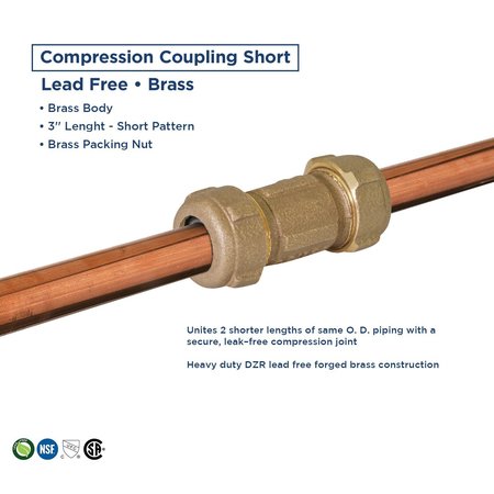 Everflow Coupling Fitting with Packing Nut, Brass, 3" Length 3/4"Compression BRCS0034-NL